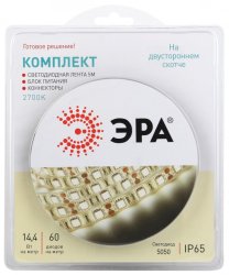 Светодиодная влагозащищенная лента ЭРА 14,4W/m 60LED/m 5050SMD теплый белый 5M 5050kit-14,4-60-12-IP65-2700-5m Б0043069
